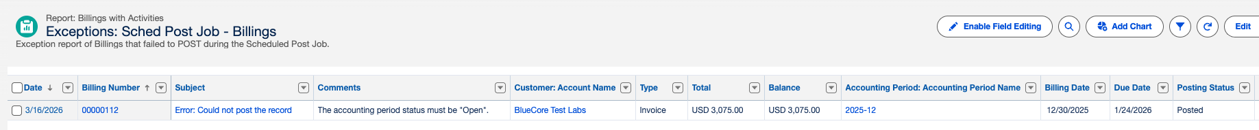 Sample Exception Report for a Recurring Billing job, showing Date, Recurring Billing Name, Subject, and Comments columns