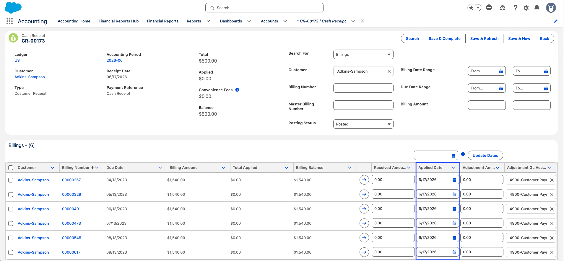 Set Applied Date in Bulk on the Cash Receipt Apply screen