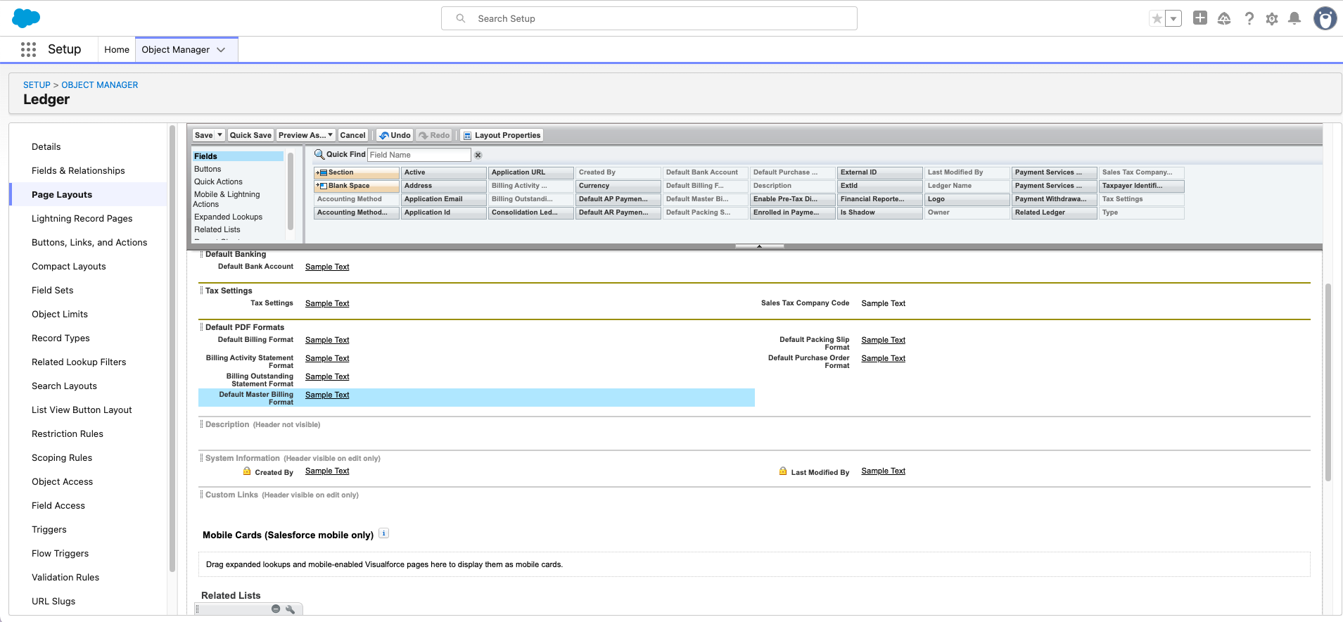 Default Master Billing Format field on Ledger page layout