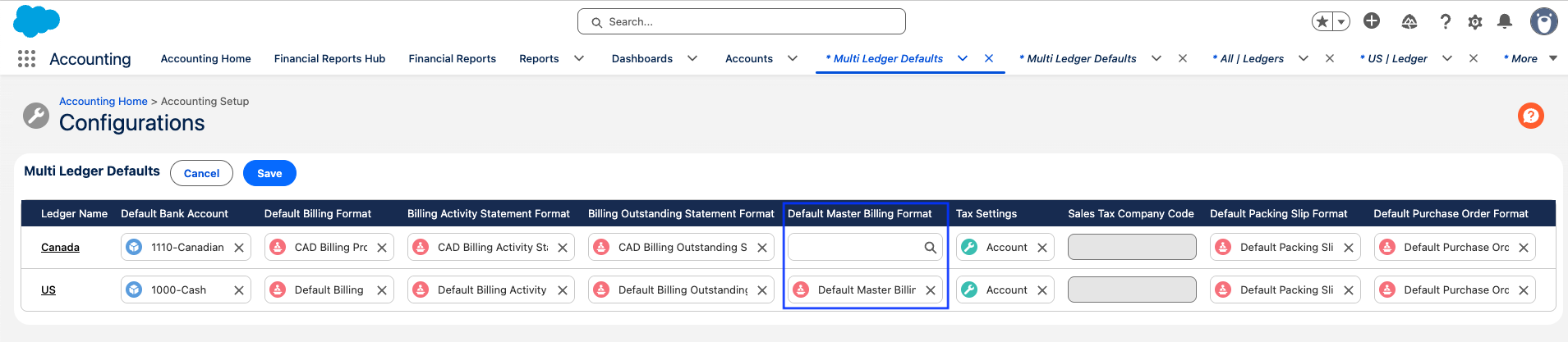 Default Master Billing Format populated on Ledger